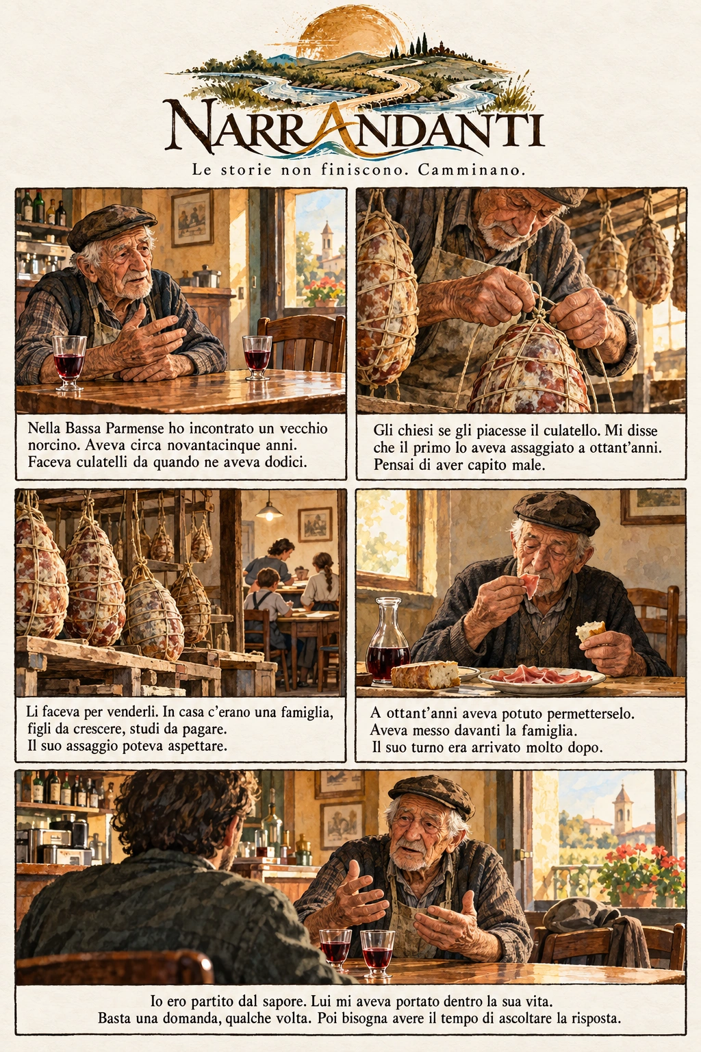 Tavola illustrata in cinque vignette: Il primo culatello, a ottant’anni